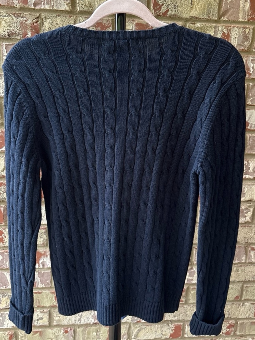 NWT Chaps Navy Blue Cable Knit Sweater Gold Crest Button Shoulder Size S - Picture 2 of 6